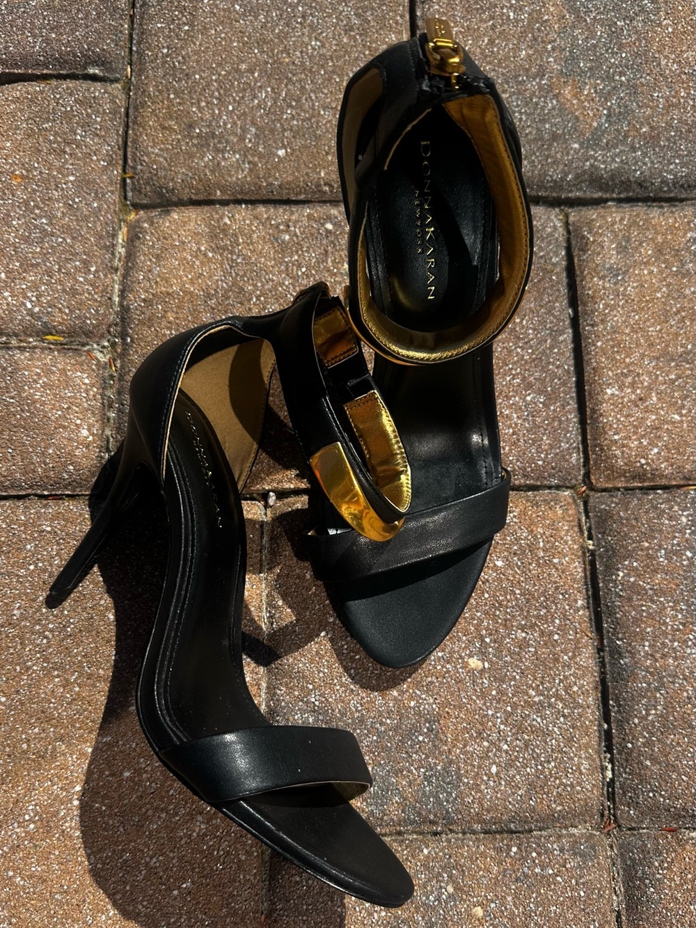 Donna Karan Black Sandal Heels with Gold Accent Strap
